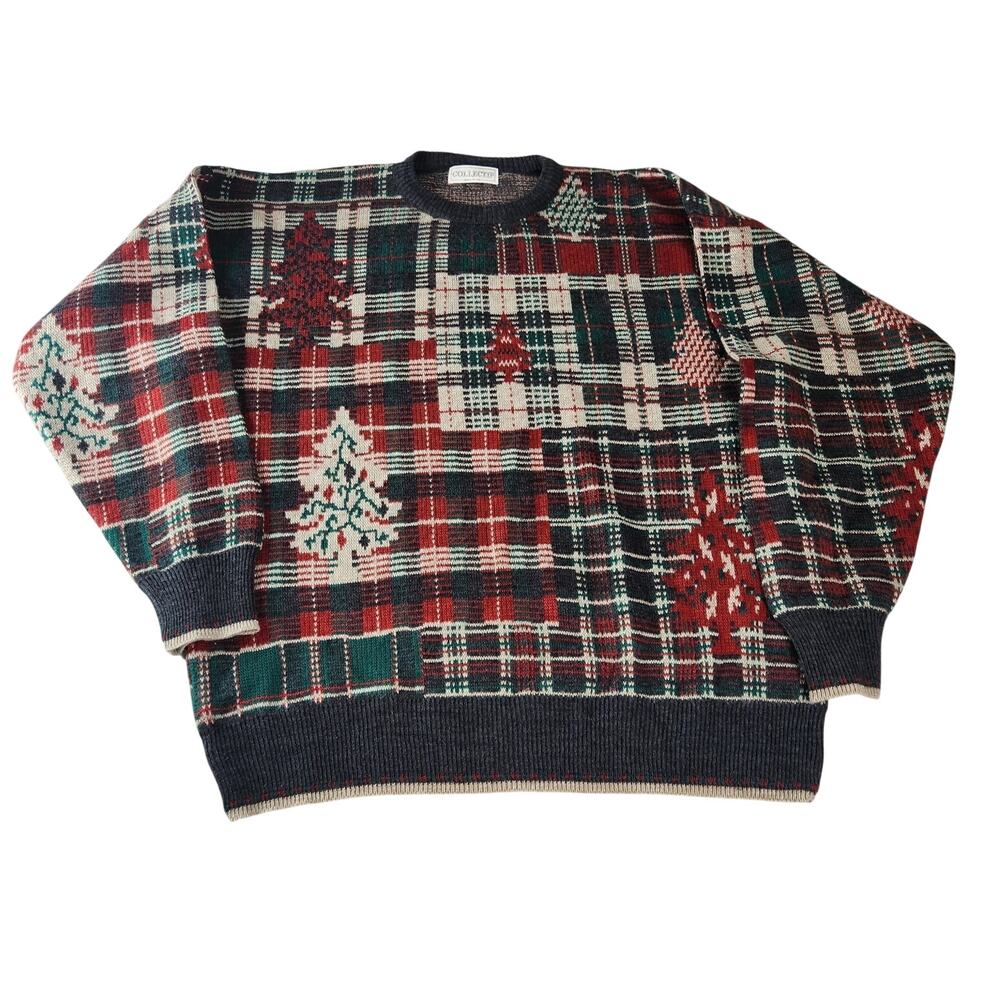VTG Collectif Made in Italy Knit Sweater Grandpa Core Preppy Plaid Pattern Men L